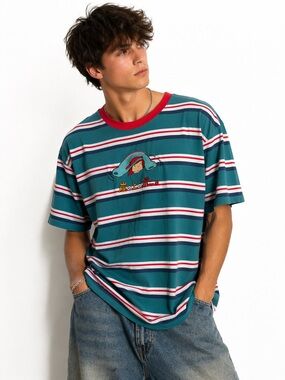 Studio Ghibli Ponyo Portrait Embroidered Striped T-Shirt size L